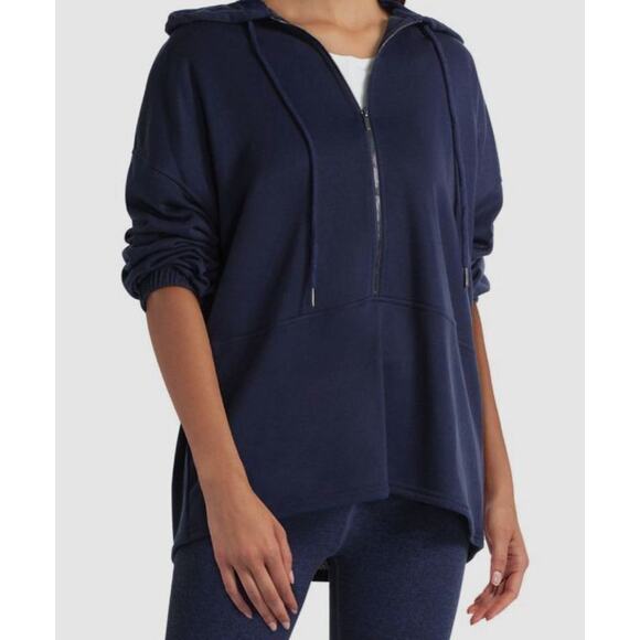 Halston Studio Zip Front Long Sleeve Drawstring Hoodie Sz Large in Navy Blue NWT - Picture 2 of 6